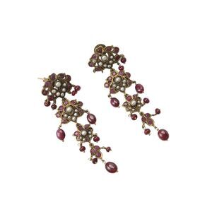 Designer Womens Gold Tone Brass Ruby+Pearl Victorian Style Dangle Earrings OS